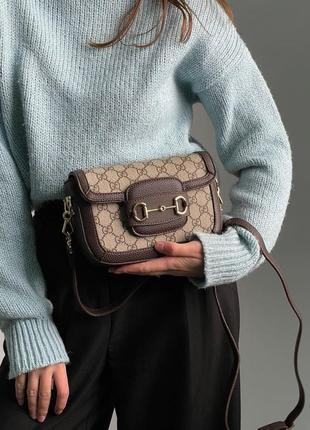 Жіноча сумка  gucci horsebit 1955 mini bag grey/brown4 фото
