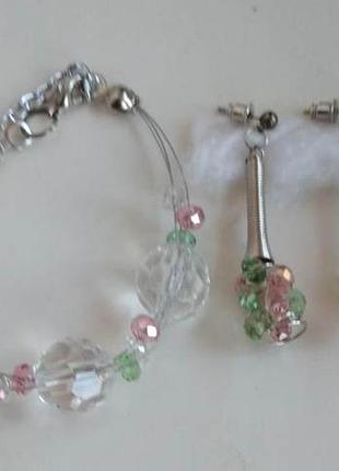Серьги  и браслет  из хрусталя  белого, розового, салатового, ручная работа