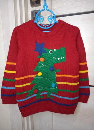 Теплый новогодний рождественский на новый год свитер свитшот кофта джемпер с динозавром елкой 3-4 года1 фото