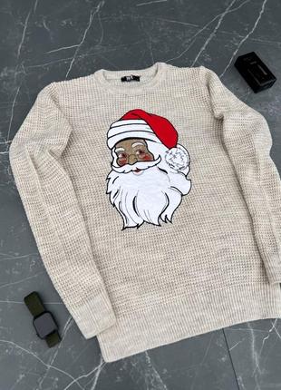 Чоловічий новорічний светр бежевий з дідом морозом / кофти на новий рік для чоловіків3 фото