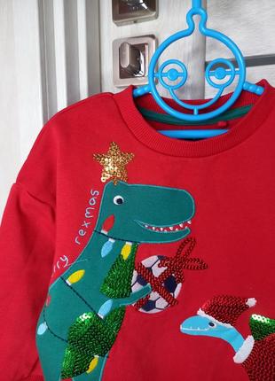 Теплый новогодний свитшот кофта джемпер свитер мирер с динозавром елочкой для мальчика 1,5-2 года 924 фото