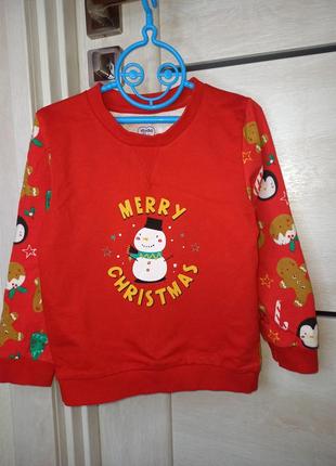 Теплый новогодний свитшот кофта джемпер свитер мирер со снеговиком для мальчика 2-3 года