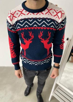 Мужской новогодний мирер с оленями / теплые зимние свитера на новый год