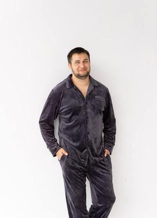 Мужская теплая пижама костюм для дома рубашка штаны графит плюш велюр2 фото