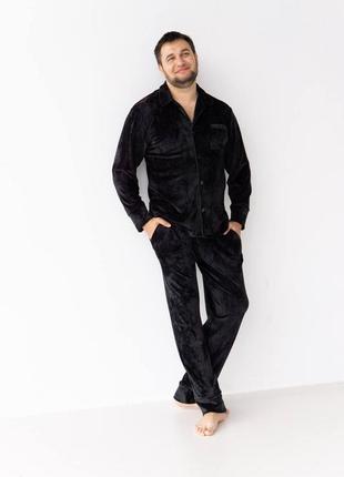 Мужская теплая пижама костюм для дома рубашка штаны велюр плюш черная