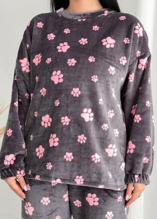 Женская теплая махровая пижама, махровый домашний костюм лапки, махра зима