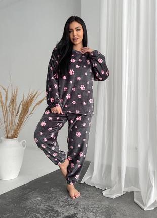 Женская теплая махровая пижама, махровый домашний костюм лапки, махра зима