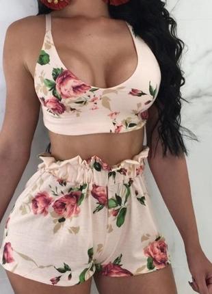 Модные сексуальные шорты и топ с цветочным принтом, женские летние шорты. комплект шорты топ.