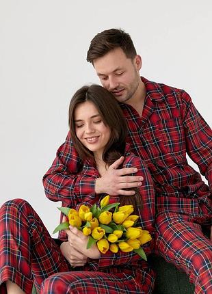 Пижама коттон в клетку красная мужская сорочка штаны клетка