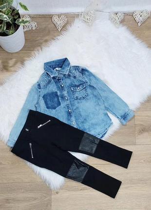 Набір для дівчинки: джинсова сорочка з стразами + брючки-лосини на 3-4 роки