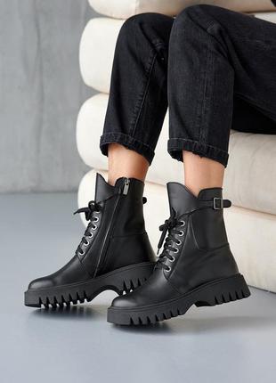 Модні чорні зимові жіночі черевики на масивній підошві на вовні,шкіряні/шкіра-жіноче взуття на зиму3 фото