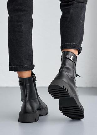 Модные черные зимние женские ботинки на массивной подошве на шерсти, кожаные/кожа-женская обувь на зиму6 фото