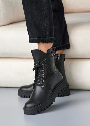 Модные черные зимние женские ботинки на массивной подошве на шерсти, кожаные/кожа-женская обувь на зиму7 фото