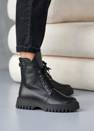 Модные черные зимние женские ботинки на массивной подошве на шерсти, кожаные/кожа-женская обувь на зиму4 фото