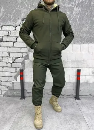 Тактический зимний костюм на овчине splinter олива , армейский зимний костюм олива на овчине softshe