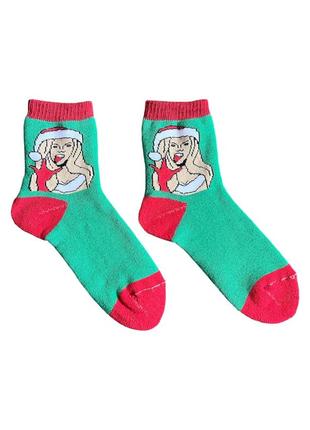 Новогодние махровые женские носки со снегурочкой, зеленый, 36-40