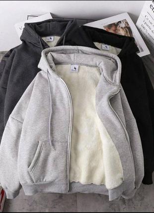 Женское молодежное унисекс худи трехнить на флисе утепленное мехом ❗ очень теплый худи ❄️4 фото