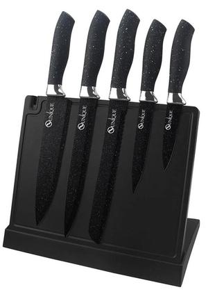 Набор кухонных ножей из нержавеющей стали с магнитной подставкой unique un-1841-ks 6 предметов + точилка черны6 фото