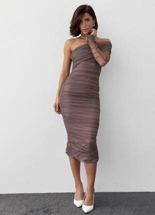 Коричнева довга вечірня сукня міді плаття із фатину з одним рукавом