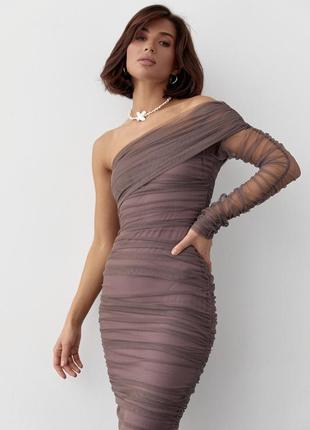 Коричнева довга вечірня сукня міді плаття із фатину з одним рукавом