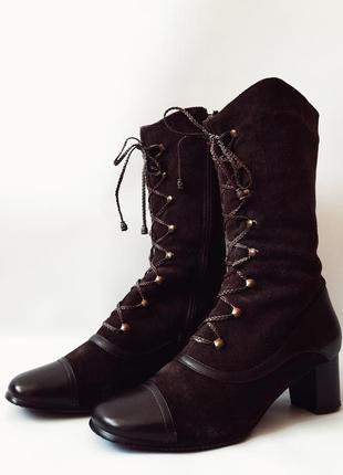 Чоботи зимові, жіночі, коричневі, замшеві, на каблуку, черевики зі шнурками2 фото