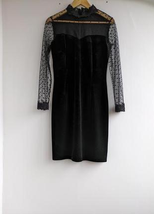 Черное велюровое платье с прозрачными рукавами3 фото
