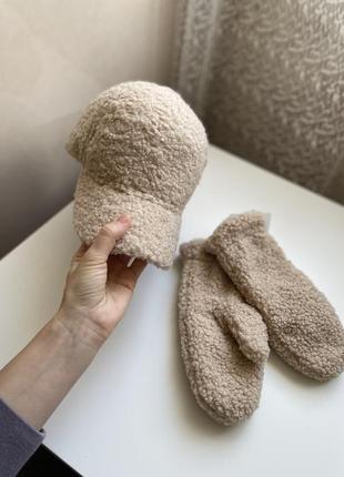 Кепка рукавички набір комплект баранчик тедді теплий зимовий на флісі