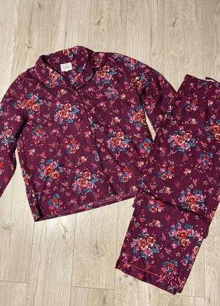 Красивая пижама коттон бордовая с принтом цветы 14 хл1 фото