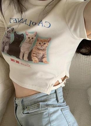 Кроп-топ женский с коротким рукавом, облегающая футболка с принтом кошки2 фото