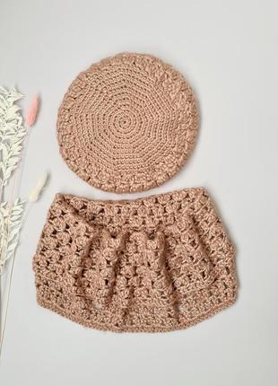 Теплый вязаный зимний комплект берет на флисе + хомут