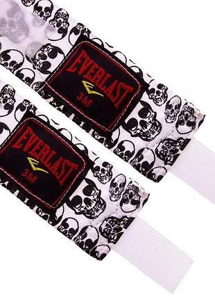Бинты боксерский хлопок с эластаном с принтом череп 🔥3м черный-белый