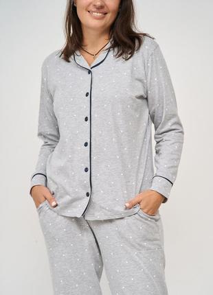 Батальна піжама зі штанами і кофтою на ґудзиках - горошок2 фото