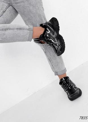 Черные кожаные зимние кроссовки на толстой подошве зима4 фото