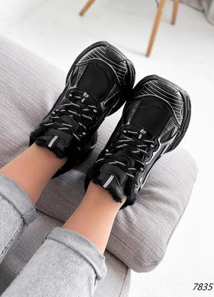 Черные кожаные зимние кроссовки на толстой подошве зима9 фото