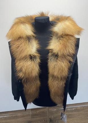 Женская зимняя куртка, бомбер с натуральным мехом золотистой лисы6 фото