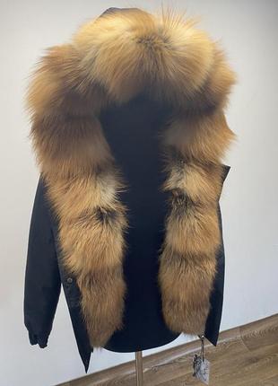 Женская зимняя куртка, бомбер с натуральным мехом золотистой лисы