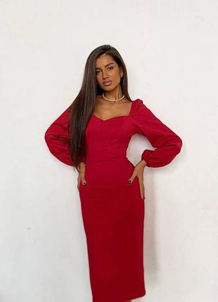 Красное латье миди, приталенное платье с длинным рукавом, нарядное платье2 фото