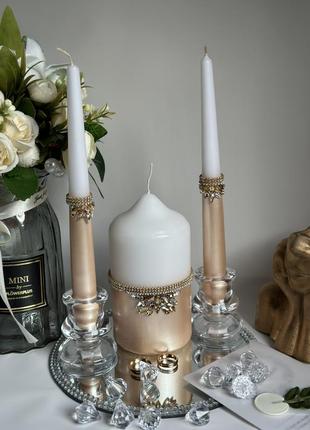 Весільний набір пляшка, келихи, свічки, тарілка,  виделки4 фото
