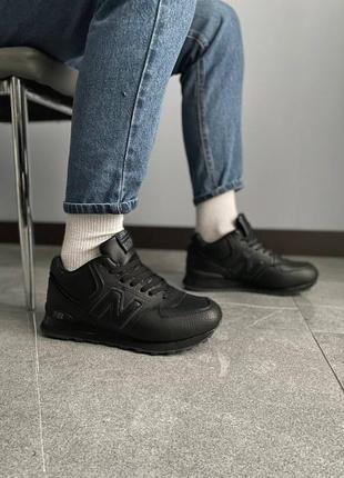 Мужские зимние кожаные кроссовки на меху new balance 574 high, черные4 фото