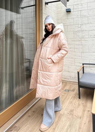Двойная куртка пальто оверсайз удлиненная из плащёвки на силиконе стеганая курточка розовая черная бежевая теплая зимняя спортивная трендовая стильная3 фото
