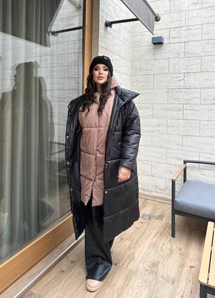 Двойная куртка пальто оверсайз удлиненная из плащёвки на силиконе стеганая курточка розовая черная бежевая теплая зимняя спортивная трендовая стильная