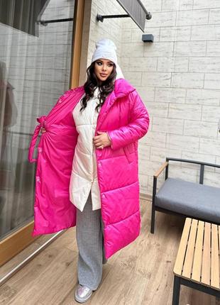 Двойная куртка пальто оверсайз удлиненная из плащёвки на силиконе стеганая курточка розовая черная бежевая теплая зимняя спортивная трендовая стильная5 фото