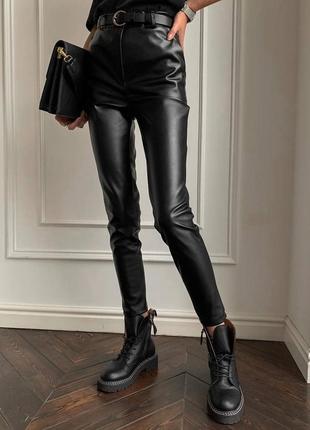 Классические кожаные брюки утепленные, штаны на флисе из матовой экокожи,черные брюки женские