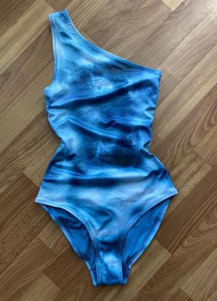 Суцільний блакитний купальник на одне плече, суцільний бікіні, закритий бразиліани, топік купальник синій морський
