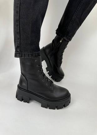 Женские ботинки на шнуровке черные натуральная кожа обувь на зиму3 фото
