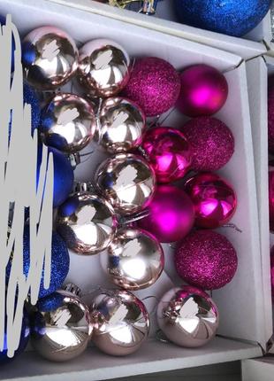 Новорічні ялинкові іграшки кульки на ялинку блискучі рожеві сині1 фото