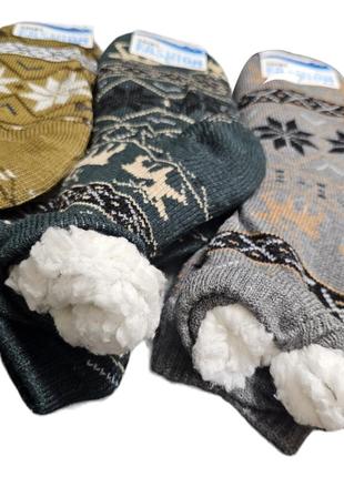 Чоловічі шкарпетки-тапочки на хутрі зі сніжинками та оленями6 фото