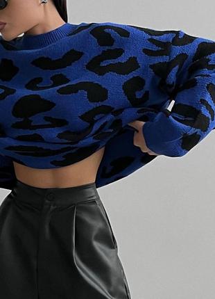 Теплий светр з леопардовим принтом, оверсайз светр з анімалістичним принтом, яскравий, синій, вільного крою4 фото