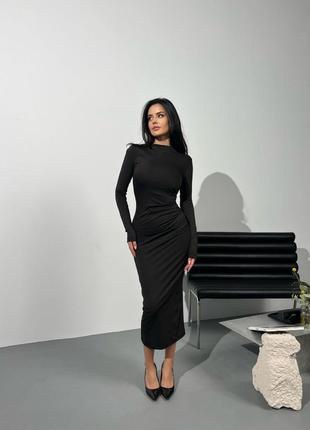 Сукня міді з довгими рукавами приталена по фігурі базова плаття футляр стильна трендова чорна бежева сіра9 фото
