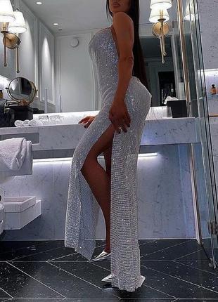 Роскошное макси люкс вечернее платье камни с чокером  стразы кольчуга серебро4 фото